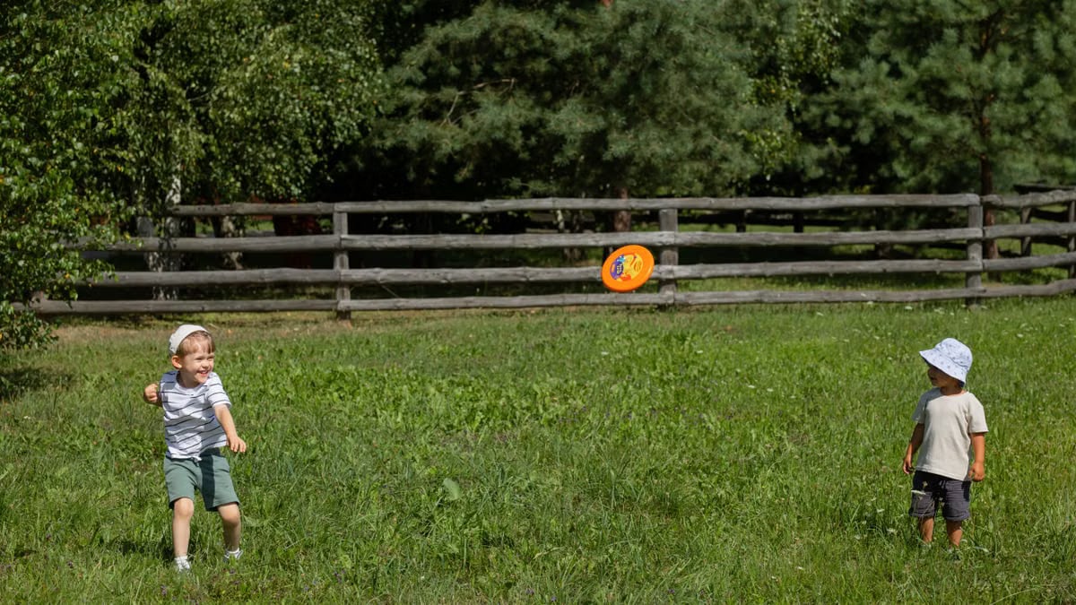 Two young boys throw a frisbee outdoors on a sunny day.